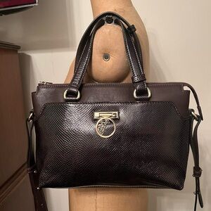 VERSACE Collection Embossed Brown Leather Two Handle Crossbody Bag Satchel